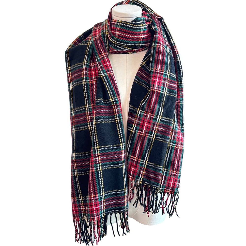 NEW J.Crew Scarf Black Stewart Plaid Unisex Tartan Fringe Preppy Academia Soft